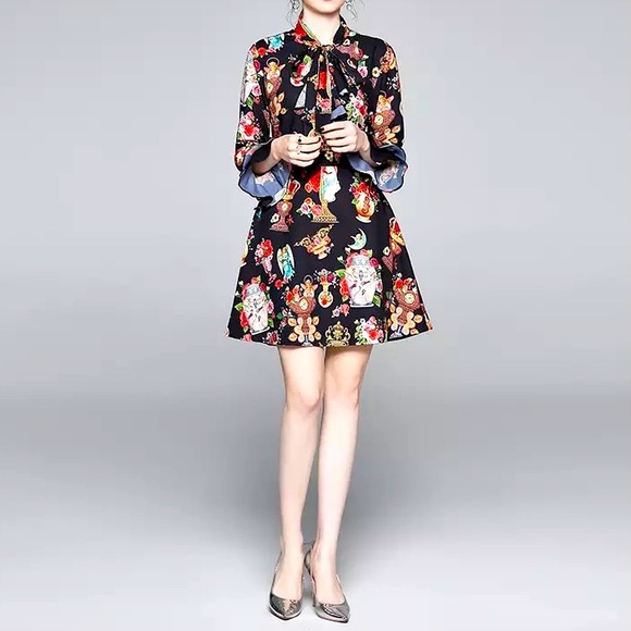 Amloapha Dresses & Skirts - Alomapha | Long Sleeve A-line Contemporary ArtDeco Print Dress